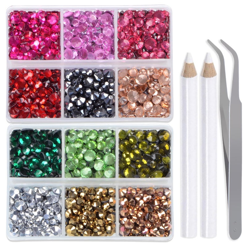 LPBeads 6400 Pieces 12 Colors Hotfix Rhinestones Flat Back 5 Mixed Sizes Crystal Round Glass Gems with Tweezers and Picking Rhinestones Pen - Image 1